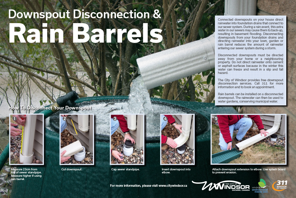 Downspout disconnection and rain barrel diagram 